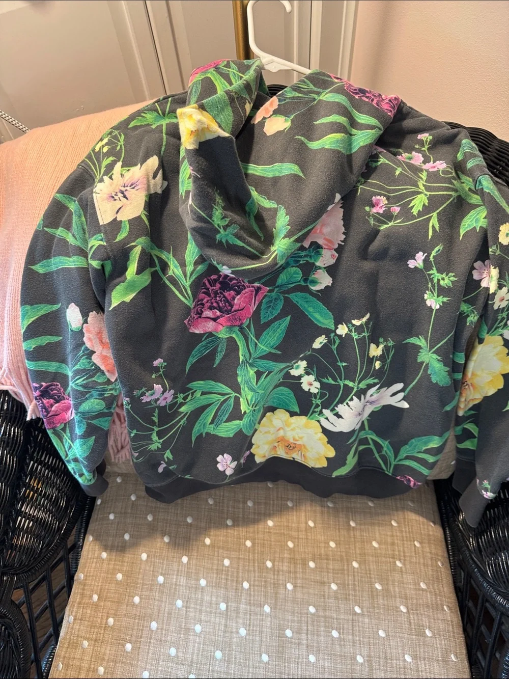 GAP Teen Black Hoodie with Pink and Green Floral Print